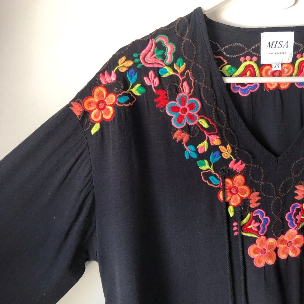 Misa boho embroidered top flared sleeve tassels lightweight vibrant floral. - Picture 2 of 9